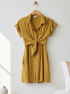 Fashion on Earth Mustard Yellow Linen Blend Tie-Front Mini Dress - Size M